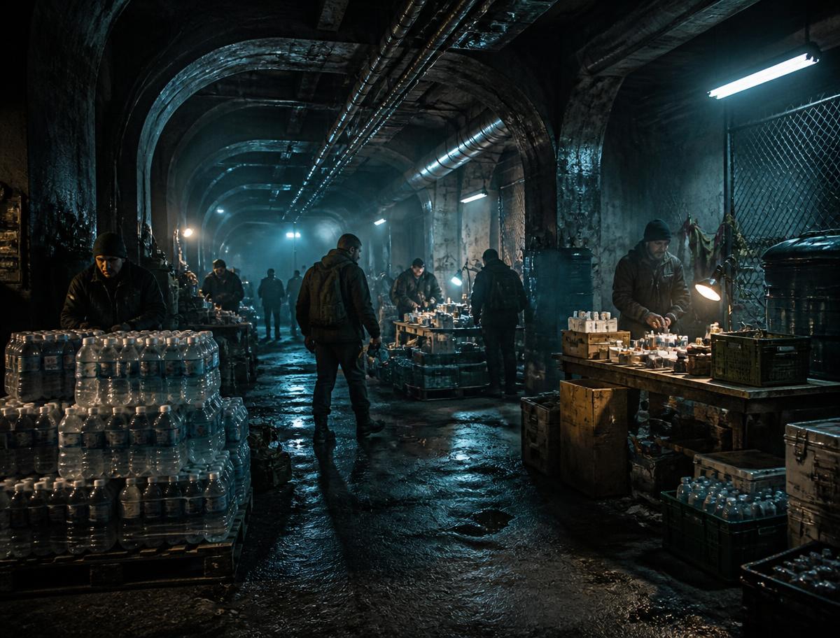 Mercado clandestino em um túnel industrial de Capital Zero