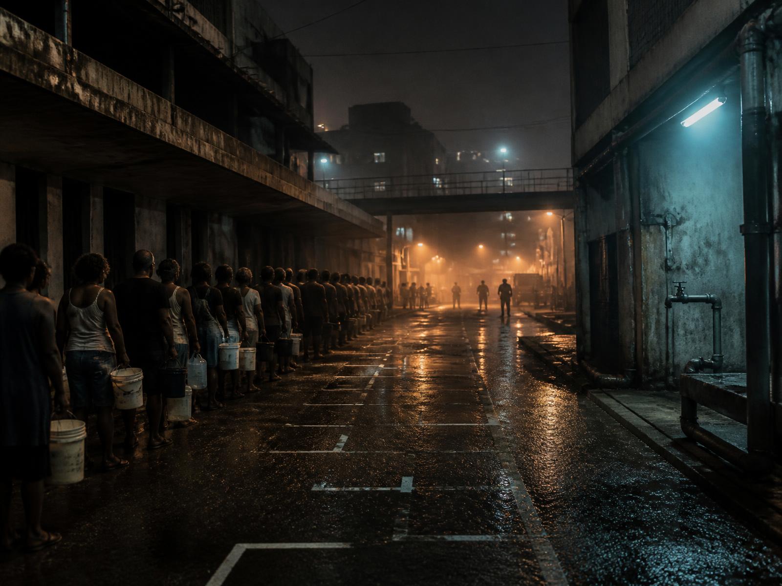 Fila de racionamento de água em uma rua chuvosa