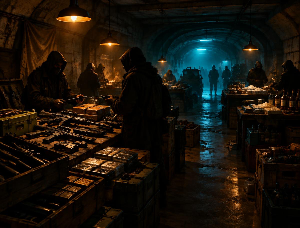 Mercado clandestino em um túnel industrial de Capital Zero